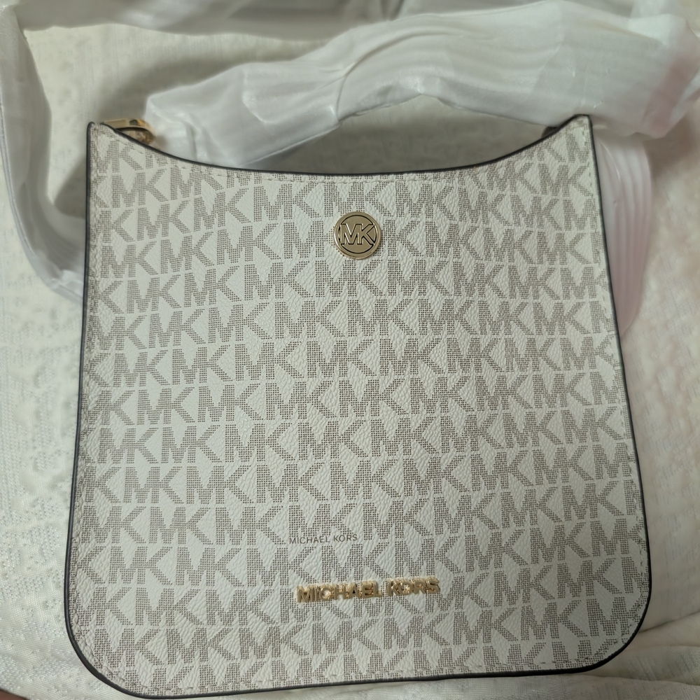 Michael Kors White/Beige Logo Shoulder Bag with Gold Hardware